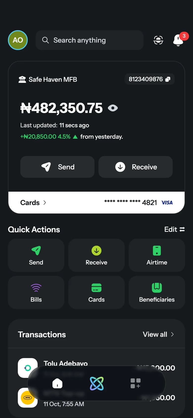 PayIQ home screen with a ₦482,350.75 balance