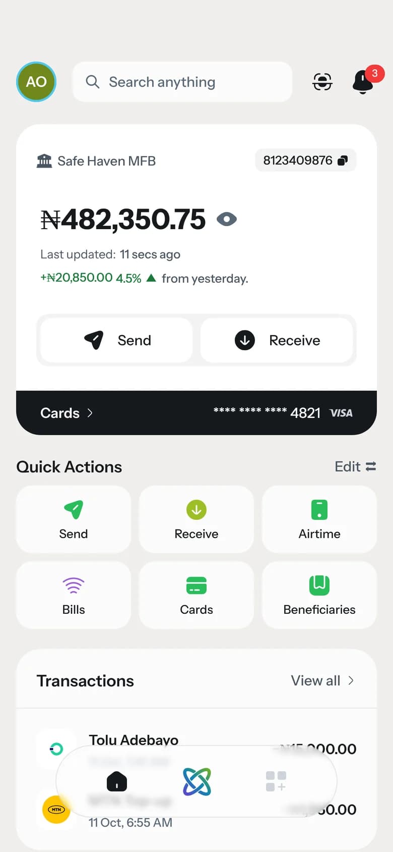 PayIQ home screen with a ₦482,350.75 balance
