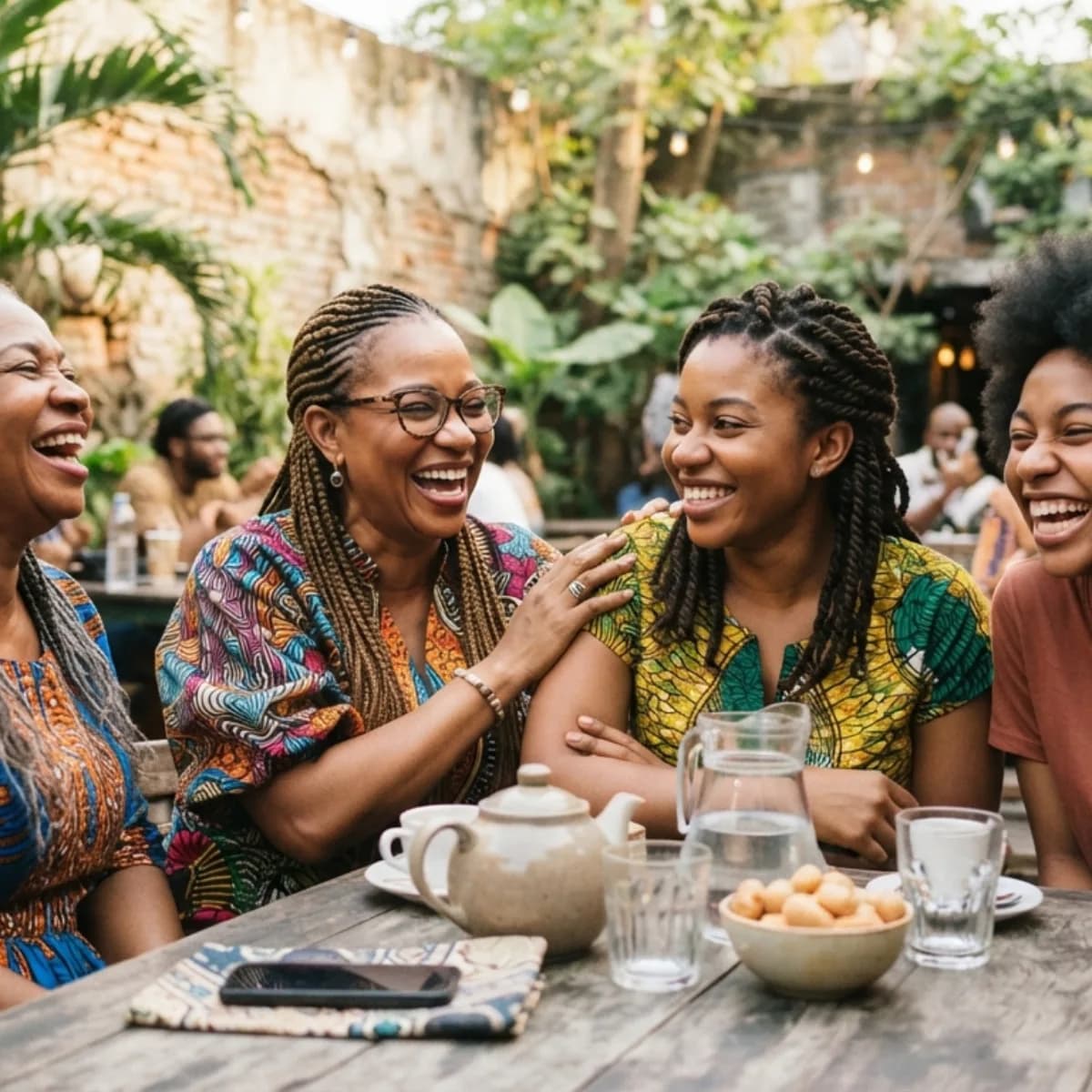 Four friends laughing together around a table
