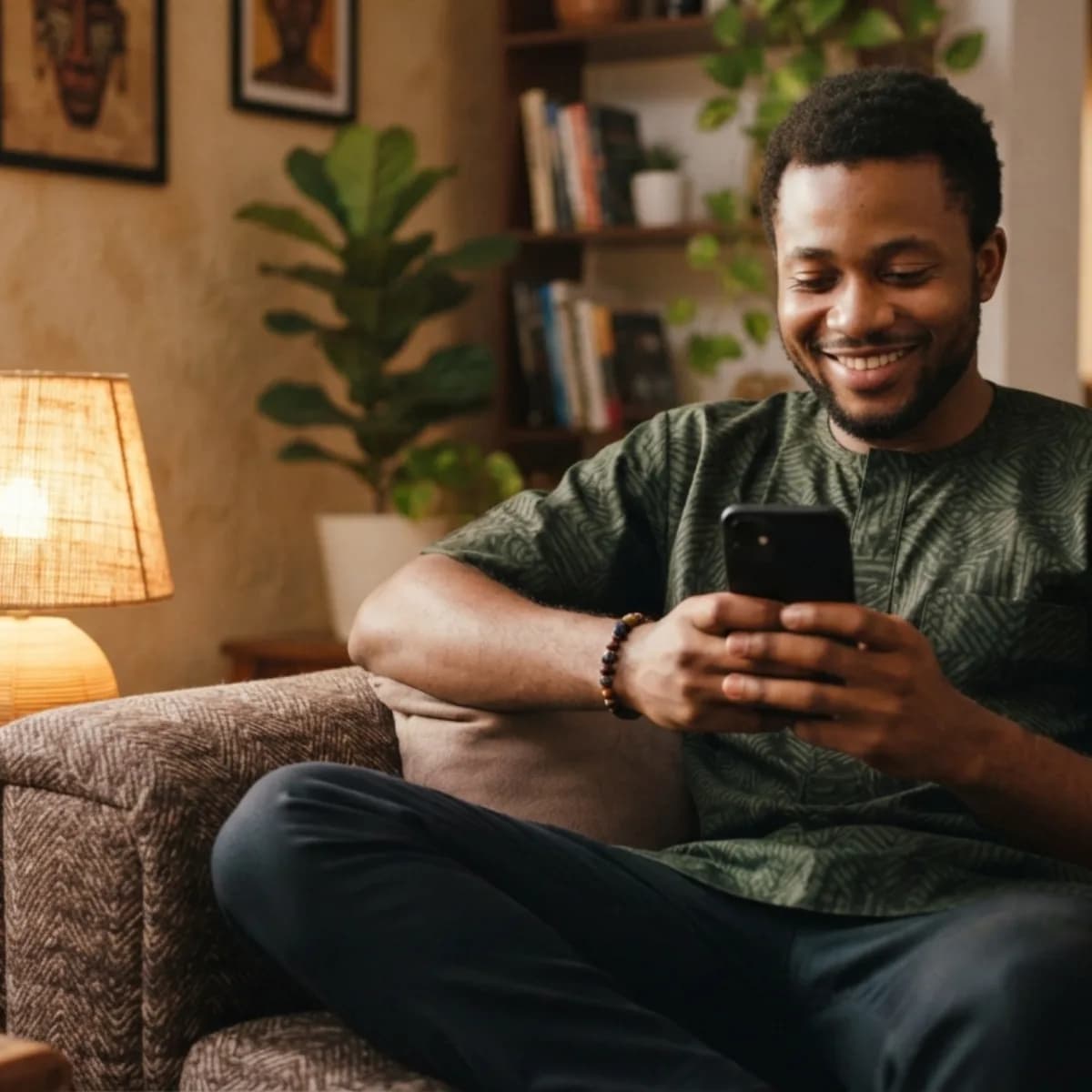 A man relaxing at home in the evening with his phone