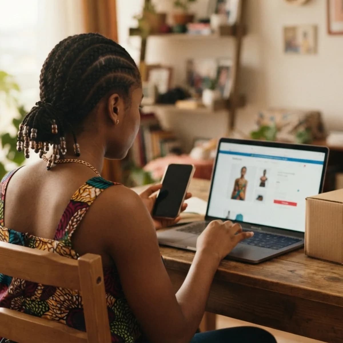 A woman shopping online at her desk